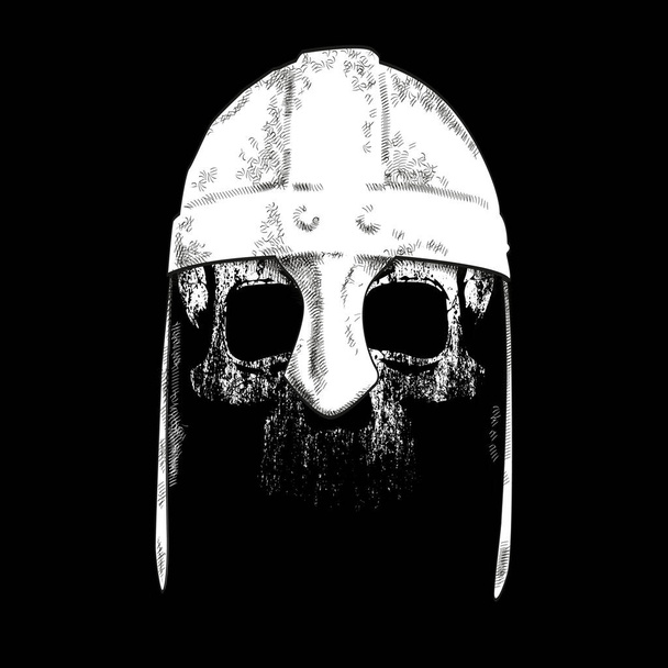 ilustración vectorial del cráneo con casco de guerra griego aislado en negro  - Vector, Imagen