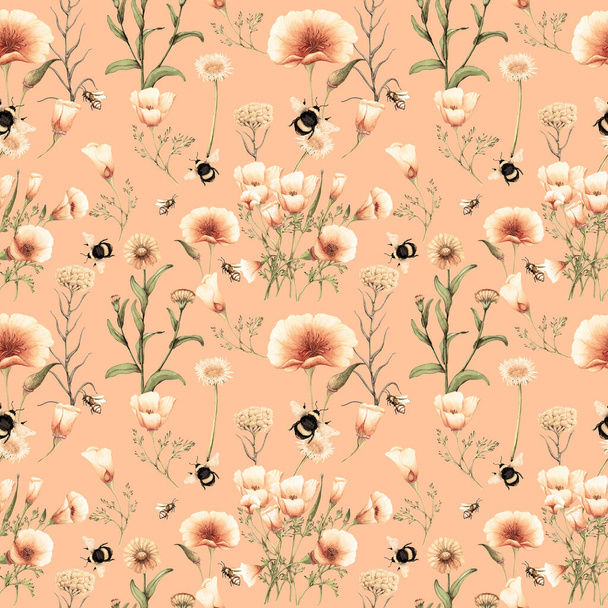 Handgezeichnete nahtlose Muster von Sommer-Wildblumen, Blumenmuster - Foto, Bild