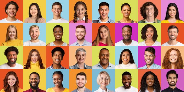 Collage von Gesichtern mit lächelnden multirassischen Menschen auf buntem Hintergrund - Foto, Bild