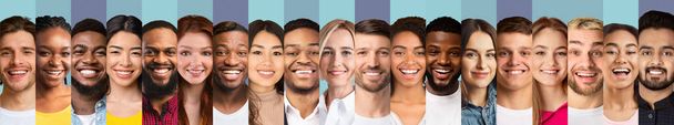 Row Of Multiethnic Ladies And Men Portraits On Colorful Backgrounds - Photo, Image
