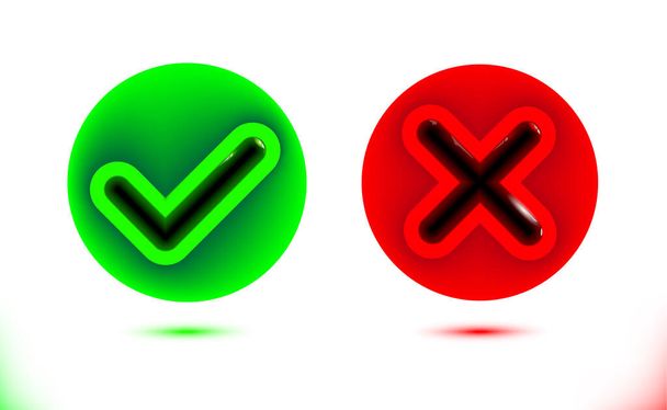 Black checkmark and crosshair icon in green and red circles. Tick set symbol. Modern infographics colorful ornamental ui element in light background. Luxury design with shadow. Vector illustration. - Διάνυσμα, εικόνα