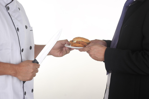 gotowy do hamburgerów serwowane, Panie - Zdjęcie, obraz