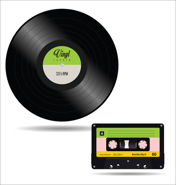 Gramophone vinyl LP record Music  cassette tape vector illustration isolated on white background - Vector, Image