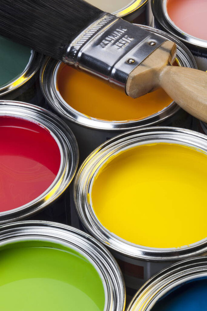 Painting and Decorating - Tins of paint and paintbrush - Photo, Image