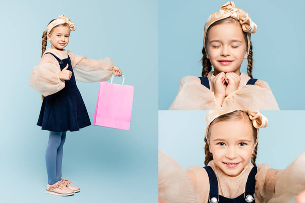 collage of little customer holding shopping bag, smiling, showing thumb up and looking at camera on blue - Photo, Image