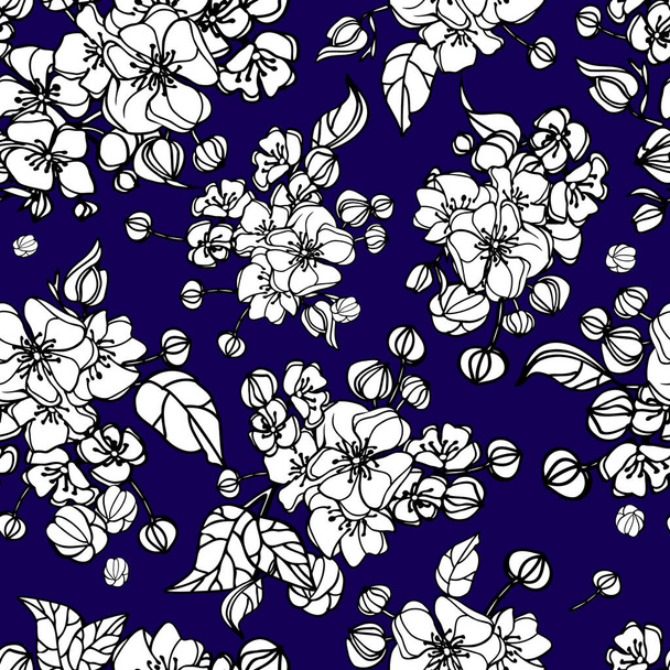 Floral vintage seamless pattern. Dark blue and white. Oriental style. Vector illustration art. For design textiles, paper, wallpaper. - Vetor, Imagem