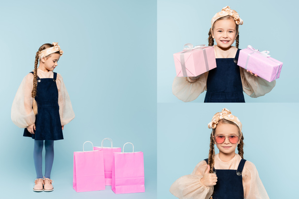 collage de petite fille dans des lunettes de soleil montrant pouce vers le haut, tenant des cadeaux et regardant les sacs à provisions sur bleu - Photo, image