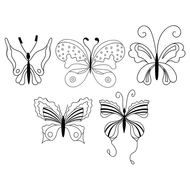 Set of cute cartoon butterflies isolated on white background. Good for colouring. Vector illustration. EPS 10. - Vetor, Imagem