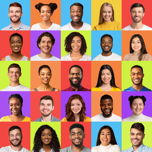 Collage de jóvenes multiétnicos felices retratos sobre fondos coloridos - Foto, imagen