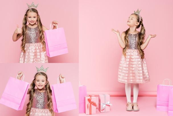 collage of little girl in dress and crown holding shopping bags, showing thumb up and standing near presents on pink - Photo, Image
