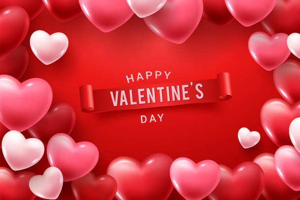 Happy Valentine Day congratulation banner with red and pink 3d heart shapes - Вектор, зображення