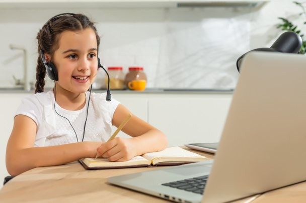 Kids distance learning. Cute little girl using laptop at home. Education, online study, home studying, technology, science, future, distance learning, homework, schoolgirl children lifestyle concept. - Valokuva, kuva