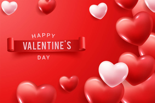 Happy Valentine Day congratulation banner with red and pink 3d heart shapes - Vector, Image