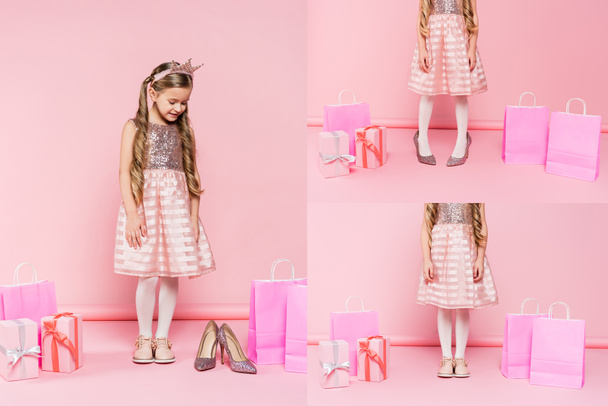 collage of happy little girl in crown looking at heels near presents and shopping bags on pink  - Fotografie, Obrázek