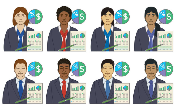 diversité, race, ethnicité des icônes vectorielles des conseillers financiers aux entreprises, hommes et femmes, avec plan financier, isolés sur fond blanc - Vecteur, image