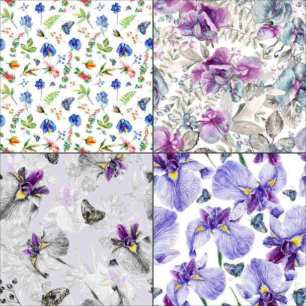 Fondo floral sin costuras Iris azul púrpura, guisantes silvestres - Foto, Imagen