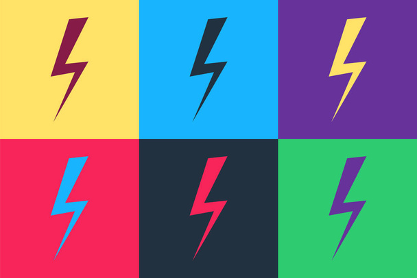 Pop art Lightning bolt icon isolated on color background. Flash icon. Charge flash icon. Thunder bolt. Lighting strike.  Vector. - Vector, Image