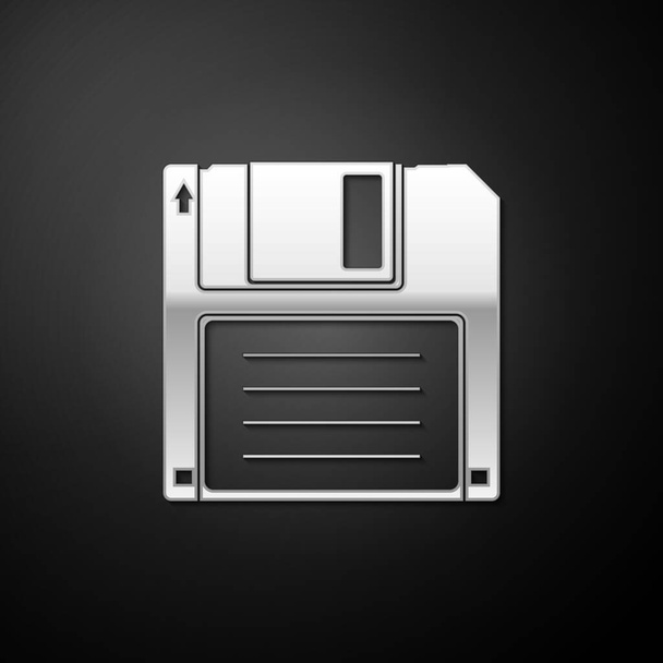 Silver Floppy disk para el icono de almacenamiento de datos de la computadora aislado sobre fondo negro. Signo de disquete. Estilo de sombra larga. Vector. - Vector, imagen