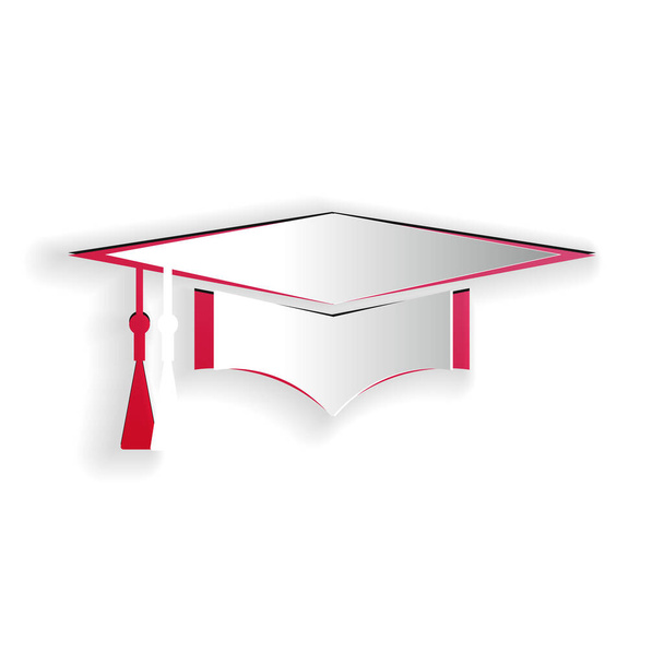 Corte de papel Icono de la tapa de graduación aislado sobre fondo blanco. Sombrero de graduación con icono de borla. Estilo de arte de papel. Vector. - Vector, imagen