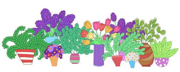 Horizontal composition with colored cartoon plants and flowers in pots and vases. Good  for borders and banners. Vector illustration isolated on white background. - Vektor, kép