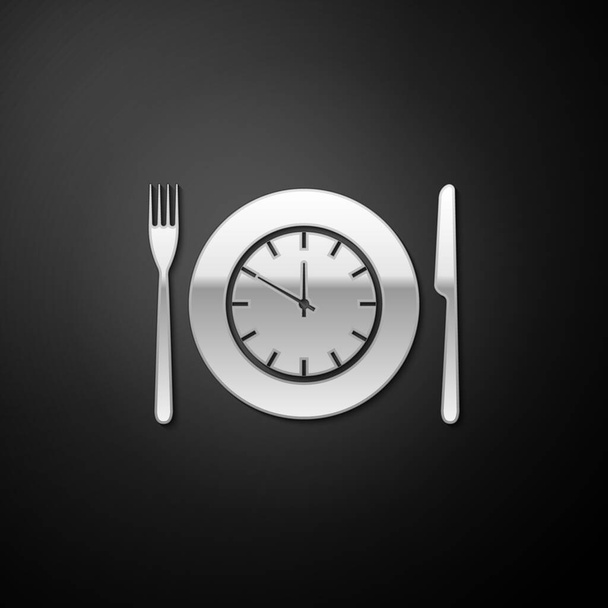 Silberteller mit Uhr, Gabel und Messer-Symbol isoliert auf schwarzem Hintergrund. Mittagszeit. Essen, Ernährung, Essenszeit und Ernährungskonzept. Langer Schatten. Vektor. - Vektor, Bild