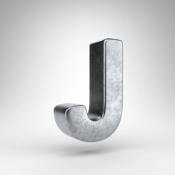 Letter J uppercase on white background. Gun metal 3D rendered font with rough metal texture. - Foto, imagen