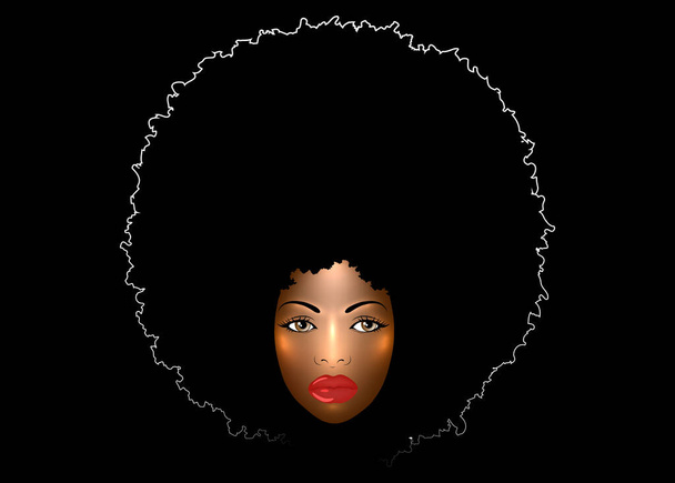 portrait African American Woman, dark skin female face with beautiful traditional black Afro curly hair style, vector black background, hairstyle concept, cover for jazz  music, disco, beauty events - Vektor, obrázek