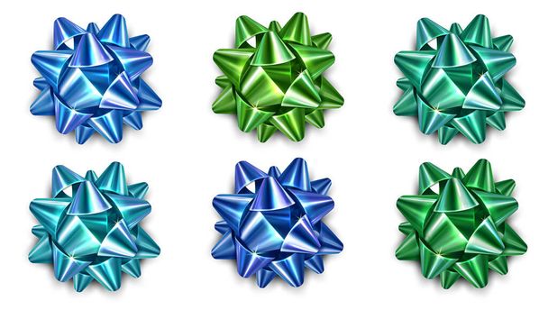 Realistic green and blue bows for decoration on white background. Bright bows for decoration. Decorative and festive design for gifts. Vector illustration - Photo, Image
