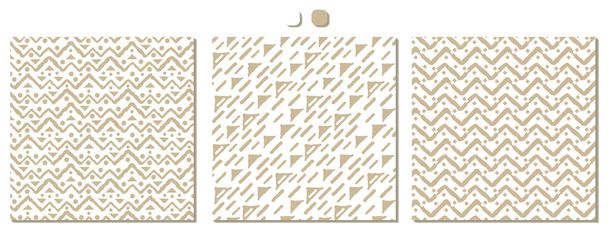 Conjunto de tres patrones simples de repetición beige y blanco sin costuras. Dibujo consiste en una línea rota áspera y puntos dentados y otras formas - Vector, imagen