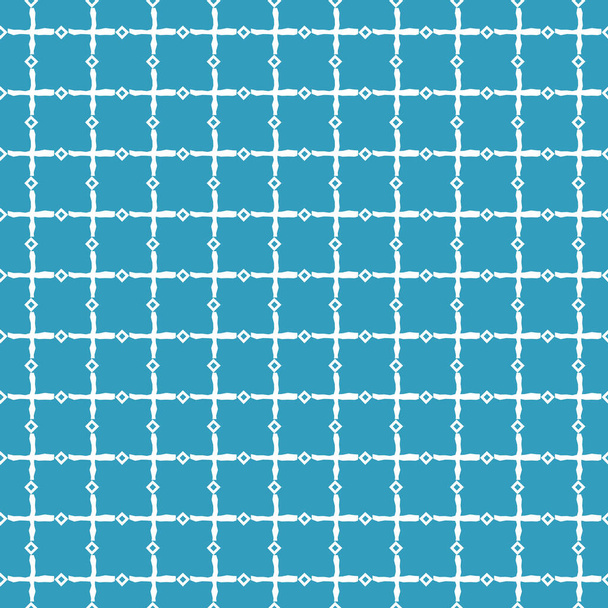 Azul e branco padrão sem costura repetição simples. Desenho é composto por quadrados ásperos, círculos e linhas pontilhadas - Vetor, Imagem