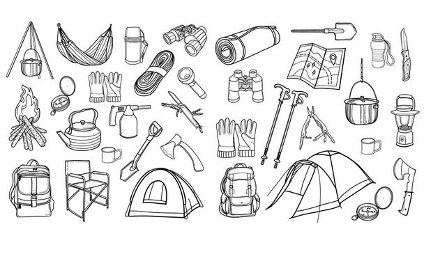Equipamento turístico. Caminhadas, viagens. um conjunto de ícones para camping. Ilustração vetorial em estilo Doodle - Vetor, Imagem