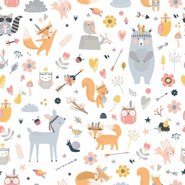 Seamless pattern with cute tribal animals in cartoon style. Forest friends illustration, bear, deer, fox, rabbit, bird, hedgehog, squirrel, owl. Creative Scandinavian kids texture for fabric, wrapping, textile - Vector, Image