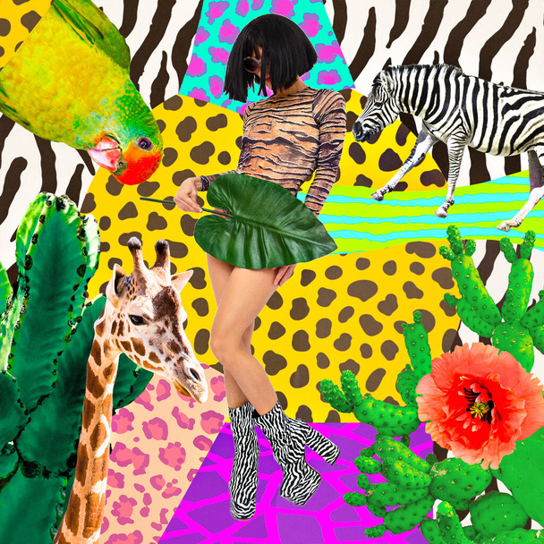 Sztuka kolażu mody. Brunetka Pani trzymając liść palmowy w tygrysie mody nadruku body suit i zebra buty. Tropikalna dżungla dzika koncepcja twórcza. Kochanek zwierząt - Zdjęcie, obraz