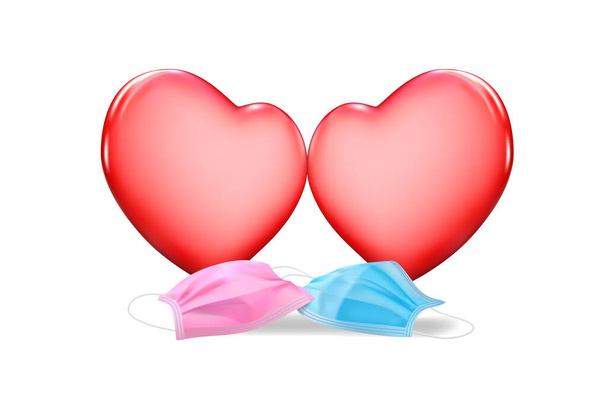 Tarjeta de San Valentín con dos corazones y quitado máscaras médicas. Ilustración vectorial - Vector, Imagen