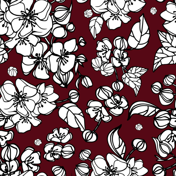 Bezešvé vzor bílého květu kvete na tmavočerveném pozadí. Vektorová ilustrace - Vektor, obrázek