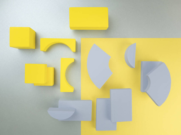 Close up abstract gray and yellow wooden geometric 3D figures: rectangles,square,segments of circle,arcs on two-tone trend colored paper backdrop.2021 color concept,copy space.Text,card design layout. - Fotoğraf, Görsel