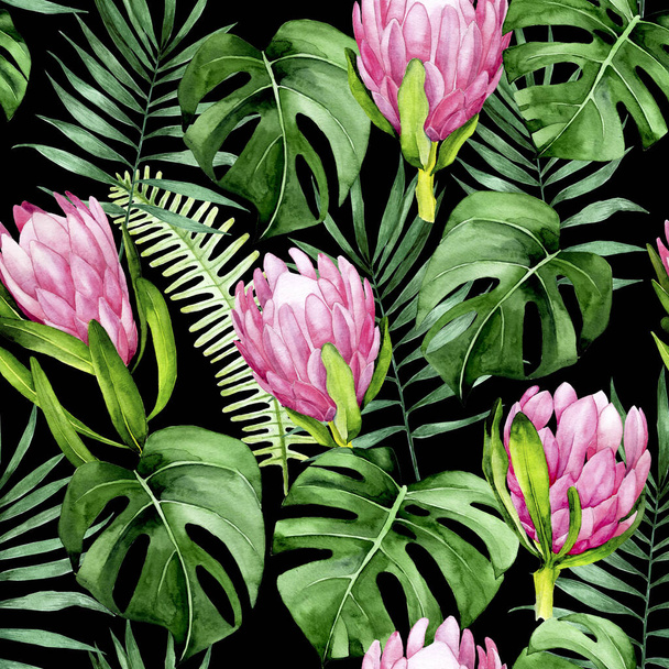 trooppinen saumaton kuvio vihreät lehdet palmu, saniainen, monstera ja vaaleanpunainen protea kukkia tummalla pohjalla. vesiväri kukkia ja trooppisia lehtiä, tulostaa mustalla taustalla - Valokuva, kuva