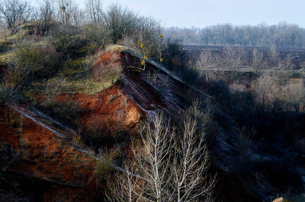 Sandsteinbruch mit Bäumen in der Landschaft überwuchert - Foto, Bild