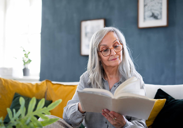 Portrait of senior woman sitting indoors on sofa at home, reading book. - Фото, изображение