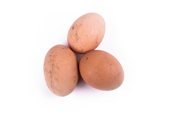 Iluminación estudio. huevo de gallina marrón, sin pelar. Cultivado sin el uso de aditivos. Ecoproducto. Sobre un fondo blanco. Foco suave. Primer plano - Foto, Imagen