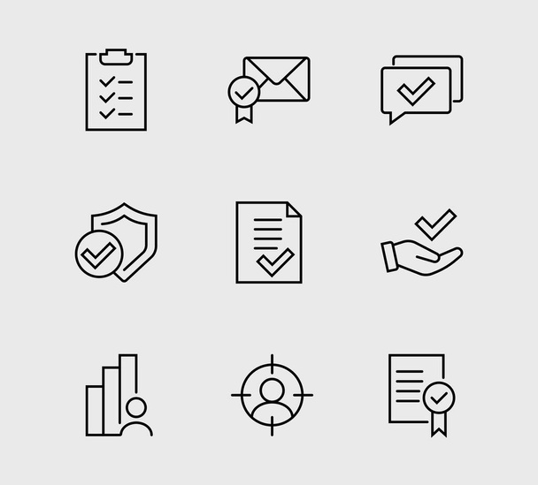Zulassungssymbolsatz Thin Vector Icons enthält Check, Approved, Best Quality, Approval, Häkchen, Editable Stroke - Vektor, Bild