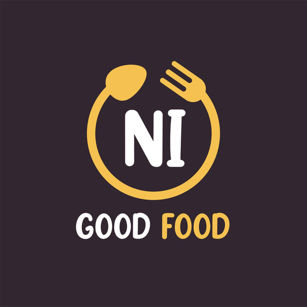 Diseño del logotipo de la carta NI con concepto de restaurante. Diseño moderno del logotipo de la carta con horquilla circular y cuchara - Vector, Imagen