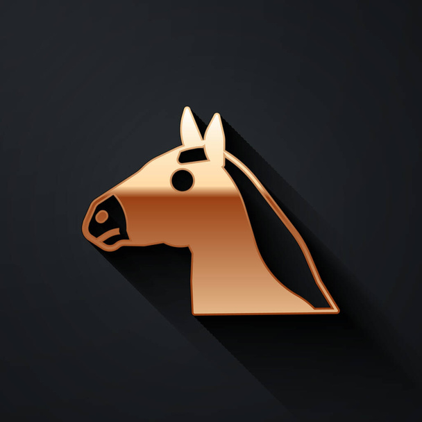Золотий значок голови коня ізольовано на чорному тлі. Символ тварин. Довгий стиль тіней. Векторні
. - Вектор, зображення