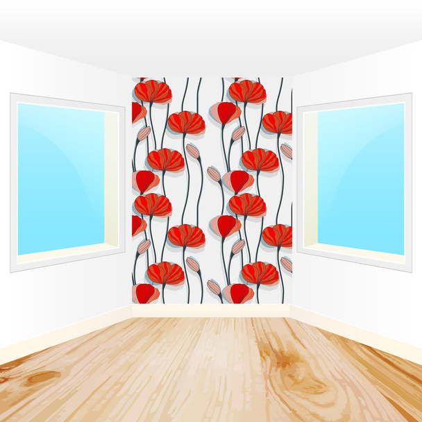 Empty interior with wooden floors, two windows and bright wallpa - Vector, Image