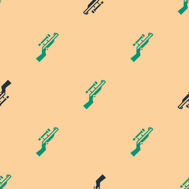 Grünes und schwarzes Scharfschützengewehr mit Zielfernrohrsymbol isoliert nahtloses Muster auf beigem Hintergrund. Vektor. - Vektor, Bild