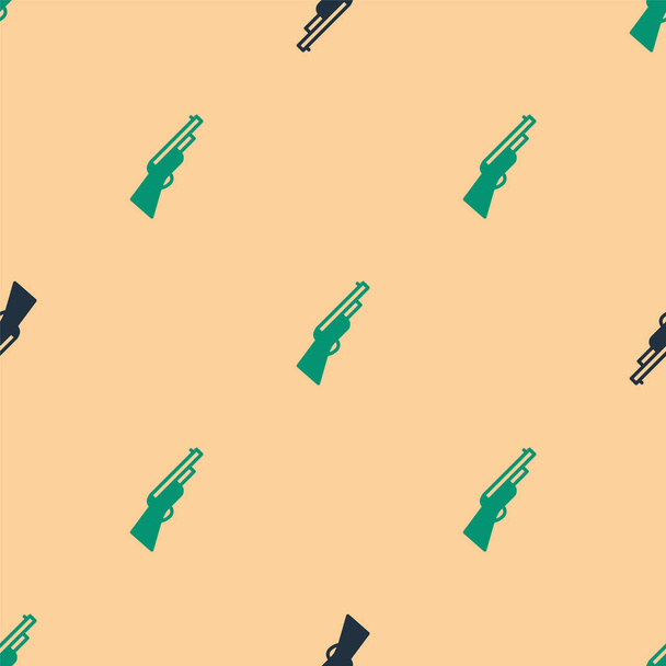 Green and black Hunting gun icon isolated seamless pattern on beige background. Hunting shotgun.  Vector. - Vector, Image