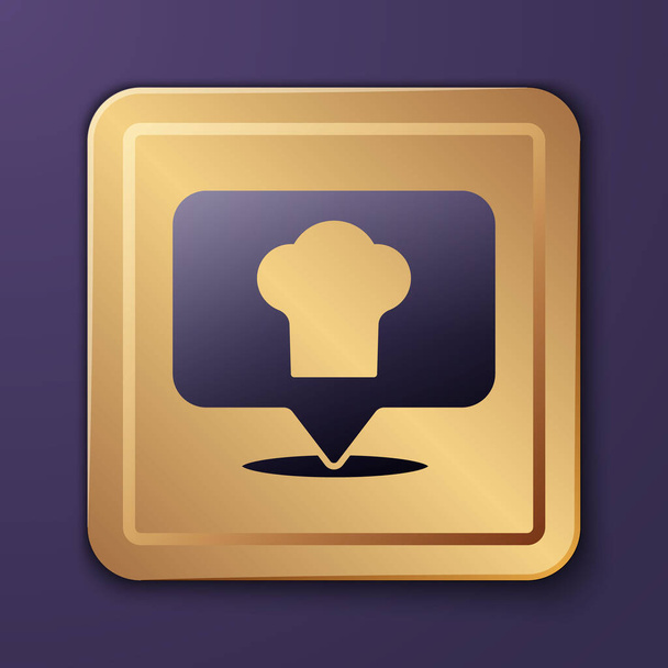 Paarse Chef hoed met locatie pictogram geïsoleerd op paarse achtergrond. Koken symbool. Kookt hoed. Gouden vierkante knop. Vector. - Vector, afbeelding