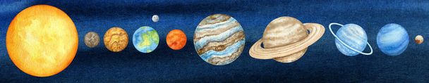 Πλανήτες υδατογραφίας του ηλιακού συστήματος. Διαστημικός πλανήτης Ερμής Αφροδίτη Γη Άρης Δίας Κρόνος Ουρανός Ποσειδώνας Πλούτωνας με φόντο τον Ήλιο στο νυχτερινό ουρανό. Το εκπαιδευτικό υλικό αστρονομίας γαλαξία μας. - Φωτογραφία, εικόνα
