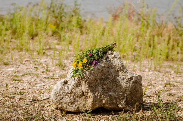 kytice divokých květin na kameni v písečném pobřeží - Fotografie, Obrázek