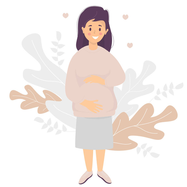 Motherhood. Happy pregnant woman in a pink sweater and blue skirt tenderly hugs her stomach with her hands. Vector illustration. Flat character design - Vector, Image